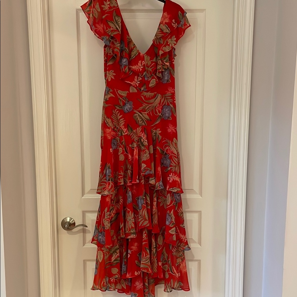 Red Tiered High‎ Low Sundress with Flutter Sleeves